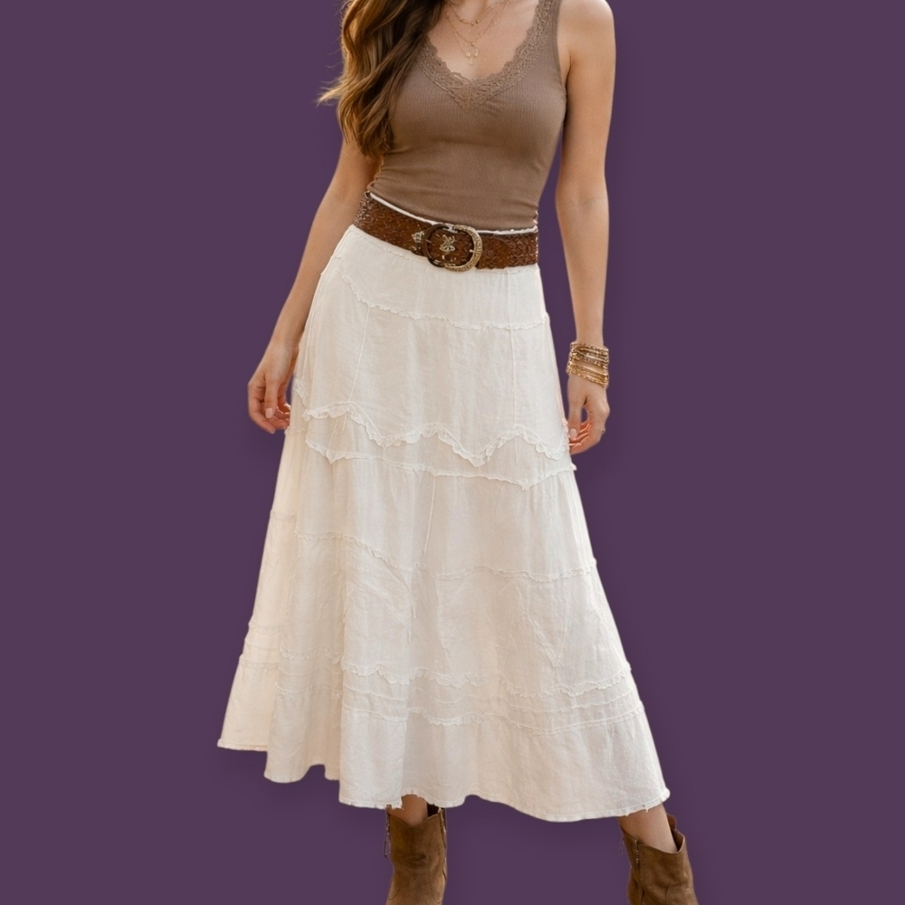 MONROE & MAIN Winter White Cotton Raw Hem Distressed Patchwork Midi Skirt